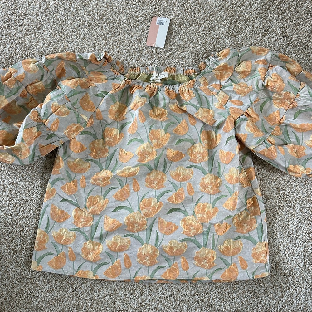 Floral Puff Sleeve Top - Orange and Green